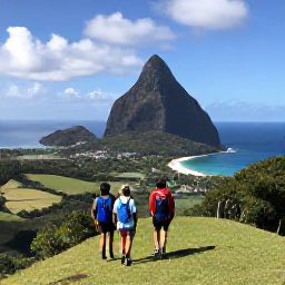 Caribbean Holidays, Antigua Adventure, Travellers hiking through green hills towards a panoramic view of Antigua&rsquo;s coastline and hidden bays
