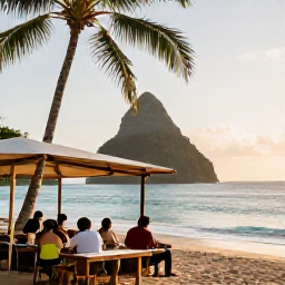 Caribbean Holidays, Antigua Adventure, Travellers relaxing at a beachside caf&eacute; in Antigua after an adventurous day, with tropical sea and golden evening light