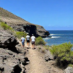 Caribbean Holidays, Antigua Adventure, Visitors hiking along a rugged coastal trail in Antigua with sea views, dry green scrub, blue sky and rocky cliffs