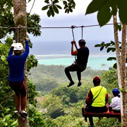 Caribbean Holidays, Antigua Adventure, Visitors zip-lining through tropical woodland in Antigua with the Caribbean landscape visible beyond the trees