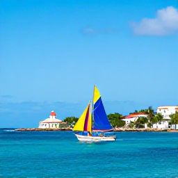 Caribbean Holidays, Antigua All Inclusive, A colourful sailing boat passing Antigua coastline near historic English Harbour under a sunny blue sky