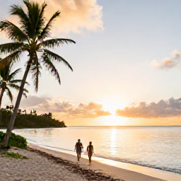 Caribbean Holidays, Antigua All Inclusive, Couple walking along a peaceful Antigua beach at sunset with palm trees and calm golden water