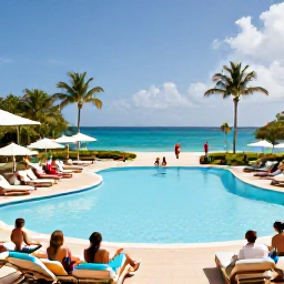 Caribbean Holidays, Antigua All Inclusive, Guests relaxing around a stylish Antigua resort pool with palm trees, sun loungers and a view of the Caribbean