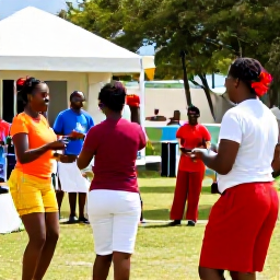 Caribbean Holidays, Antigua April Events, Antiguan cultural celebration with musicians, dancers and local families gathered outdoors in April sunshine