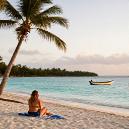 Caribbean Holidays, Antigua April Events, Traveller relaxing on a quiet Antigua beach at golden hour, with turquoise water, palm trees and a small fishing boat