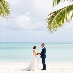 Caribbean Holidays, Antigua April Weddings, Bride and groom exchanging vows beside a calm turquoise sea on an Antigua beach in April, with white sand, palms and soft sunshine