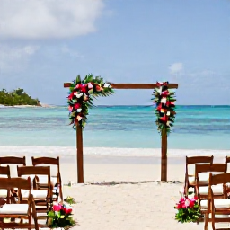 Caribbean Holidays, Antigua April Weddings, Elegant small beach wedding setup in Antigua with wooden chairs, tropical flowers and a simple arch overlooking the Caribbean Sea