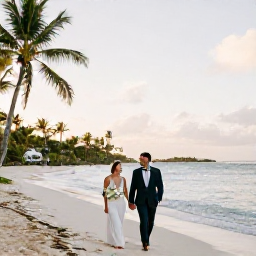 Caribbean Holidays, Antigua April Weddings, Happy wedding couple walking along an Antigua beach at sunset with gentle waves, warm evening light and palm trees