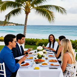 Caribbean Holidays, Antigua April Weddings, Wedding guests enjoying an outdoor reception at an Antigua resort, with tropical table decorations, Caribbean food and the sea in the background