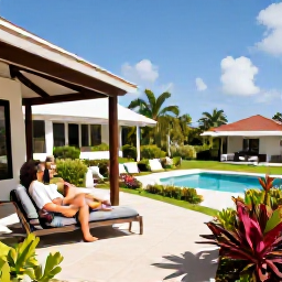 Caribbean Holidays, Antigua August, Couple enjoying a comfortable Antigua resort terrace with tropical garden, swimming pool and bright August daylight