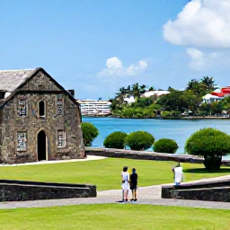 Caribbean Holidays, Antigua August, Couple exploring Nelson's Dockyard in Antigua, historic stone buildings, harbour views and tropical greenery