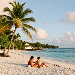 Caribbean Holidays, Antigua August, Couple relaxing on a quiet white-sand beach in Antigua under soft August sunshine, turquoise sea and palm trees