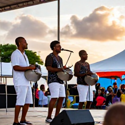 Caribbean Holidays, Antigua August Festivals, Antiguan calypso singers and steel pan band performing on an outdoor stage at sunset, with a relaxed festival audience