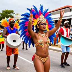 Caribbean Holidays, Antigua August Festivals, Colourful Antigua Carnival parade with dancers in feathered costumes, steel pan musicians and cheering crowds in St John's