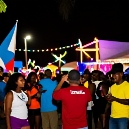 Caribbean Holidays, Antigua August Festivals, Friendly visitors and local residents enjoying an Antigua Carnival street celebration at night, with flags, music and colourful lights