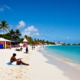 Caribbean Holidays, Antigua August Festivals, Visitors relaxing on a beautiful Antigua beach with turquoise water, palm trees and a colourful festival atmosphere nearby