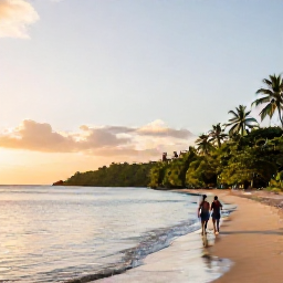 Caribbean Holidays, Antigua August Holidays, A couple walking along a secluded Antiguan beach at sunset, with calm water, soft golden light and tropical scenery