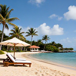 Caribbean Holidays, Antigua August Holidays, An elegant all-inclusive resort in Antigua beside a palm-fringed beach, with sun loungers and a peaceful swimming pool