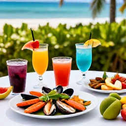 Caribbean Holidays, Antigua August Holidays, Fresh Caribbean seafood, colourful tropical fruit and chilled drinks served at an outdoor resort table in Antigua
