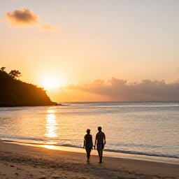 Caribbean Holidays, Antigua August, Romantic couple walking along a secluded Antigua beach at sunset, calm Caribbean water and warm golden light