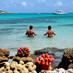 Caribbean Holidays, Antigua Beach Holidays, A couple snorkelling in clear shallow water beside an Antigua beach, with colourful fish, coral and a small boat offshore