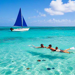 Caribbean Holidays, Antigua Beach Holidays, A couple snorkelling in clear turquoise water off an Antigua beach, with colourful fish and a small sailing boat nearby