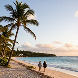 Caribbean Holidays, Antigua Beach Holidays, A couple walking along an uncrowded Antigua beach at golden hour, with calm turquoise sea, palm trees and warm evening light