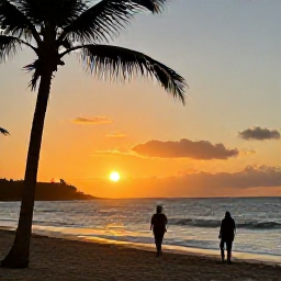 Caribbean Holidays, Antigua Beach Holidays, A golden sunset over an Antigua beach with gentle waves, silhouetted palms and a couple walking along the shoreline