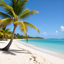 Caribbean Holidays, Antigua Beach Holidays, A quiet white-sand beach in Antigua in August, turquoise Caribbean water, gently waving palm trees and bright tropical sunshine