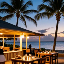 Caribbean Holidays, Antigua Beach Holidays, A relaxed Antigua beachfront restaurant at sunset, serving Caribbean food with palm trees and glowing evening light