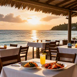 Caribbean Holidays, Antigua Beach Holidays, A relaxed beach restaurant in Antigua at sunset, with outdoor tables, fresh seafood, tropical drinks and views across the sea