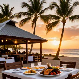 Caribbean Holidays, Antigua Beach Holidays, A relaxed outdoor restaurant in Antigua serving fresh seafood at sunset, with palm trees and a warm Caribbean atmosphere