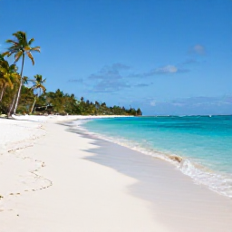 Caribbean Holidays, Antigua Beach Holidays, A wide white-sand beach in Antigua with calm turquoise sea, palm trees and bright March sunshine