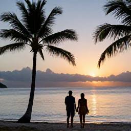 Caribbean Holidays, Antigua Beach Holidays, Couple watching the sunset from an Antigua beach in August, with calm sea, warm evening light and palm silhouettes