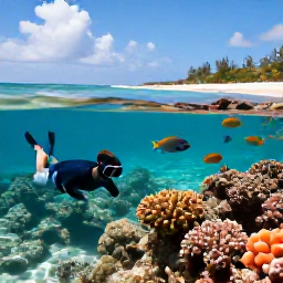 Caribbean Holidays, Antigua Beach Holidays, Snorkeller exploring a colourful coral reef in clear Antigua water, with tropical fish and a sandy beach visible in the background