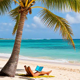Caribbean Holidays, Antigua Beach Holidays, Traveller relaxing beneath a palm tree on a beautiful Antigua beach, with a book, turquoise sea and soft golden sand