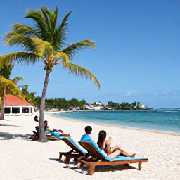 Caribbean Holidays, Antigua Beach Holidays, Travellers relaxing on a beautiful Antigua beach in May, with sun loungers, palm trees, calm sea and a small beach caf&eacute;