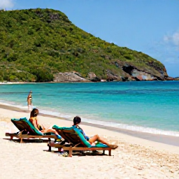 Caribbean Holidays, Antigua Beach Holidays, Travellers relaxing on a peaceful Antigua beach in March, with sun loungers, clear water and lush green hills