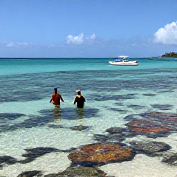 Caribbean Holidays, Antigua Beach Holidays, Visitors snorkelling over a colourful reef in clear shallow water off an Antigua beach, with a small boat in the distance