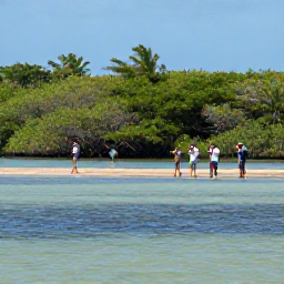 Caribbean Holidays, Antigua Birdwatching, A peaceful Antigua wetland with mangroves, shallow water and a small group of birdwatchers carrying binoculars
