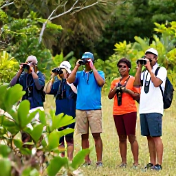 Caribbean Holidays, Antigua Birdwatching, Antigua birdwatching guide leading a small group through a peaceful wetland reserve, binoculars ready and tropical vegetation around them