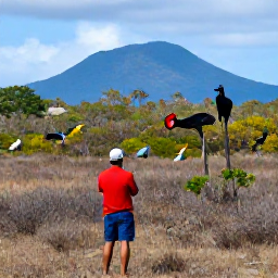 Caribbean Holidays, Antigua Birdwatching, Birdwatcher observing colourful Caribbean birds among dry woodland and low scrub in Antigua, with distant blue hills