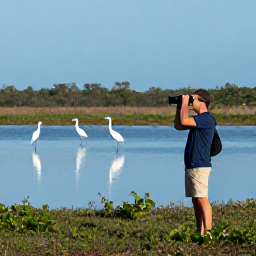 Caribbean Holidays, Antigua Birdwatching, Birdwatcher using binoculars beside a peaceful Antiguan wetland, with egrets and herons in the distance