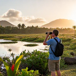 Caribbean Holidays, Antigua Birdwatching, Birdwatcher with binoculars overlooking a quiet Antiguan wetland at sunrise, tropical vegetation and distant hills