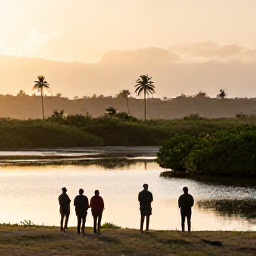 Caribbean Holidays, Antigua Birdwatching, Birdwatchers overlooking a calm Caribbean wetland in Antigua at sunrise, with mangroves, palms and colourful tropical birds