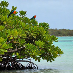 Caribbean Holidays, Antigua Birdwatching, Colourful Caribbean birds perched among mangrove branches beside calm turquoise water in Antigua