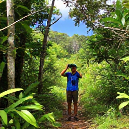 Caribbean Holidays, Antigua Birdwatching, Friendly expert guide helping visitors use binoculars on an Antigua nature trail, with tropical woodland and blue sky