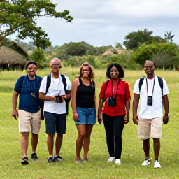 Caribbean Holidays, Antigua Birdwatching, Friendly guided birdwatching walk in Antigua with travellers carrying binoculars through green coastal scenery