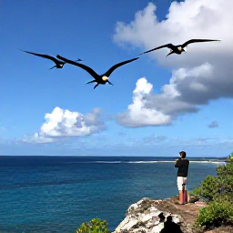 Caribbean Holidays, Antigua Birdwatching, Great frigatebirds soaring above Antigua&rsquo;s coastline, with a birdwatcher viewing them from a scenic headland