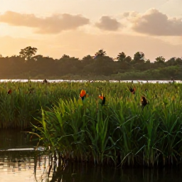 Caribbean Holidays, Antigua Birdwatching, Quiet mangrove lagoon in Antigua at sunrise with colourful Caribbean birds perched among reeds